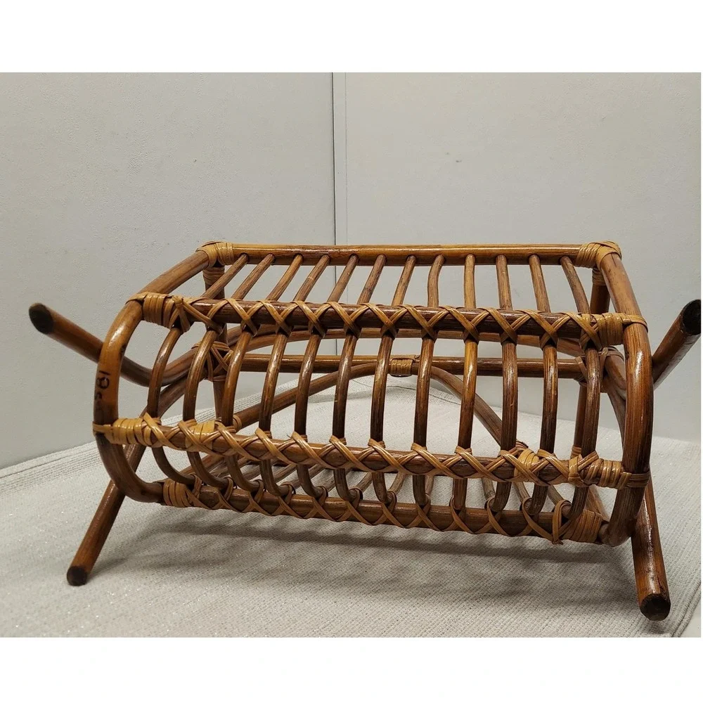 Vintage Rattan Bamboo Magazine Holder Rack Boho Style Basket Mid Century